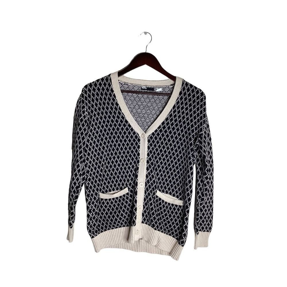 BDG Geometric Pattern Cardigan Sweater Beige Black V-Neck‎ Button Front Size S